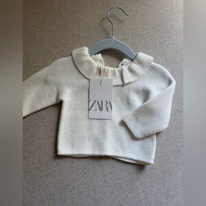 ZARA Cream Textured Knit Baby Top with Ruffled Collar